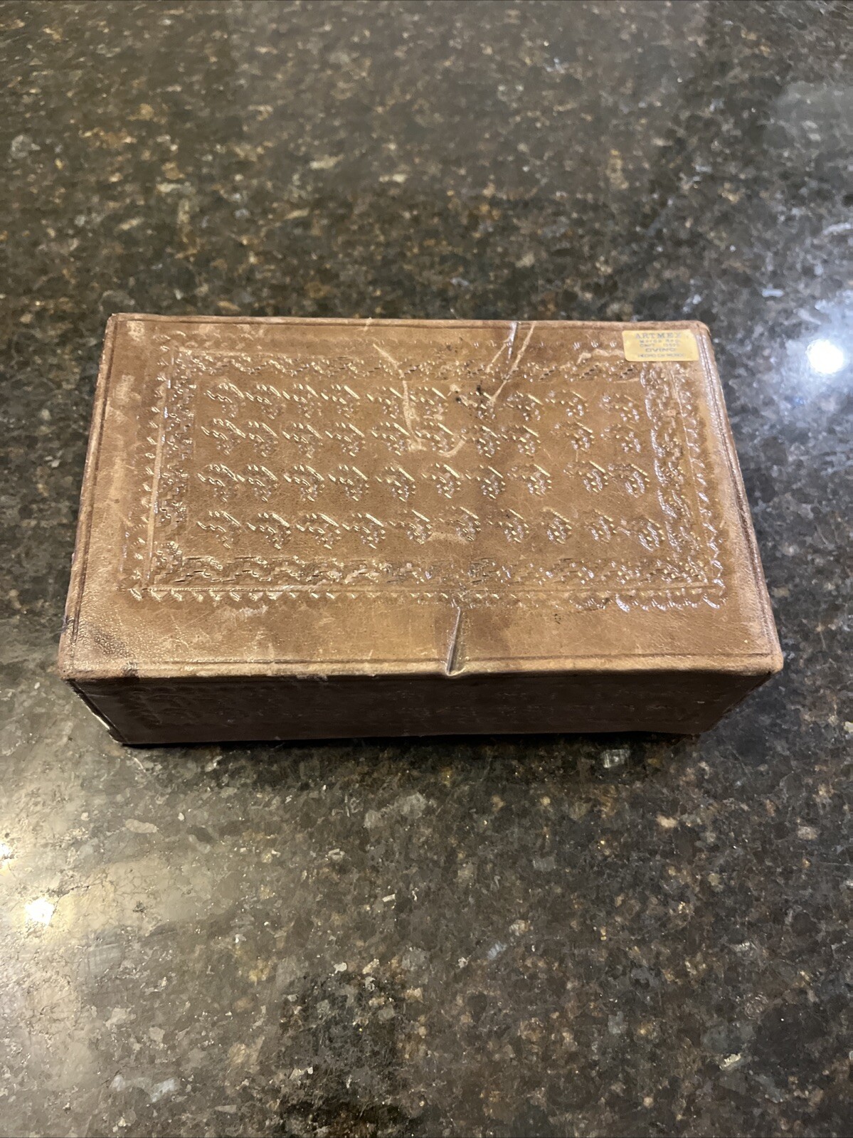Artmex Vintage Brown Leather Aztec Jewelry Box with snap 8″ long x 5″ wide x 3″