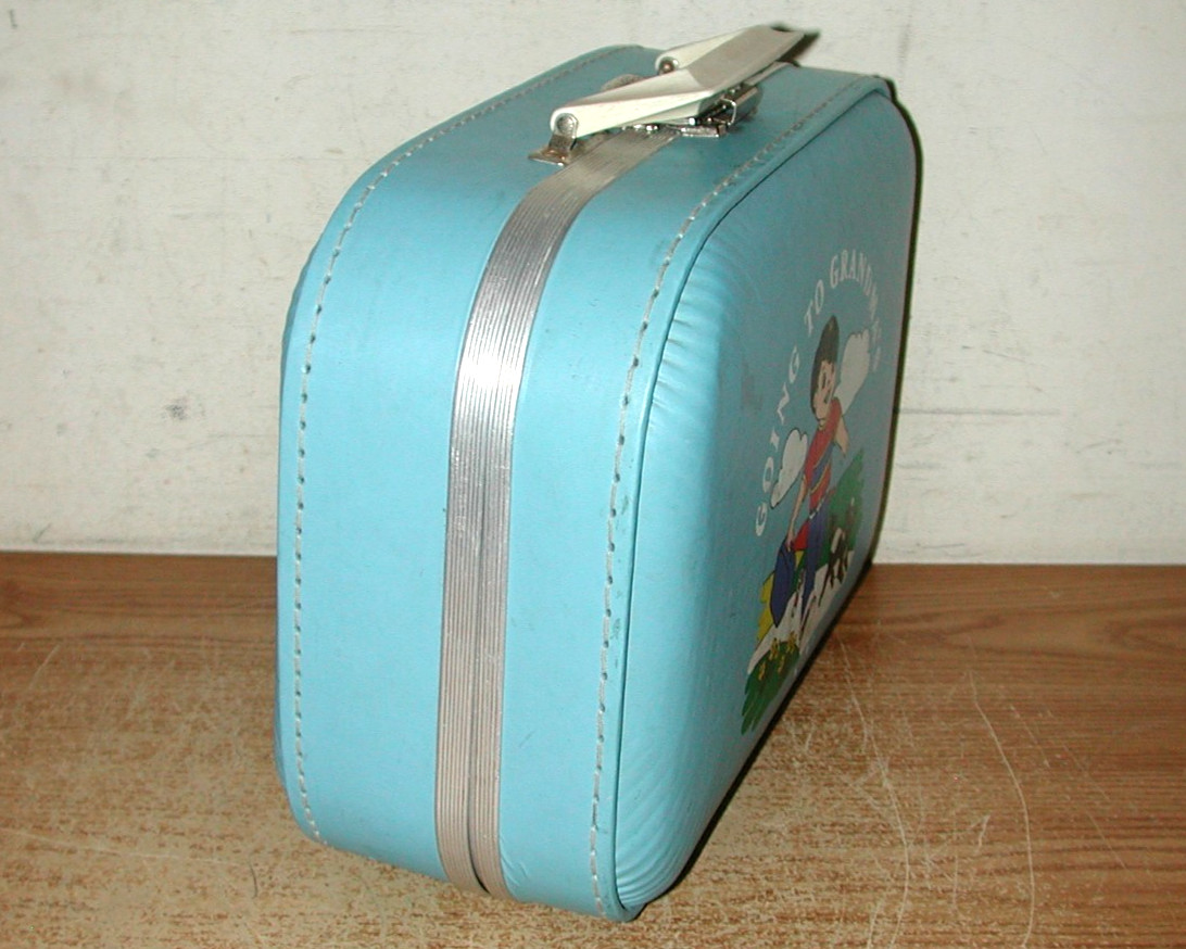 VINTAGE 1960S “GOING TO GRANDMA’S” BLUE HARD SHELL CHILD’S SUITCASE