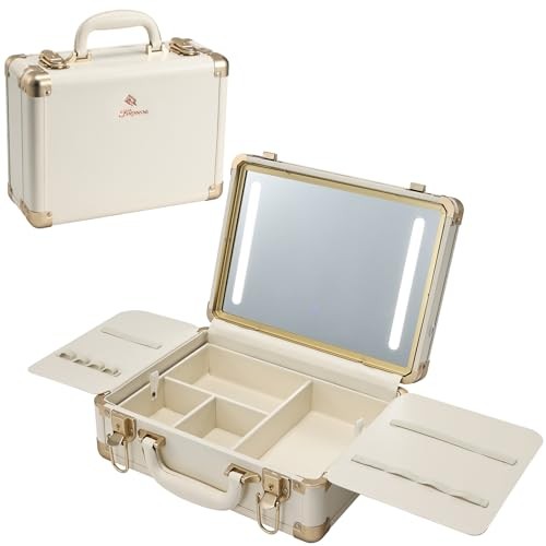 Lighted Makeup Case with Detachable Tray Makeup Box Beige Vegan Leather