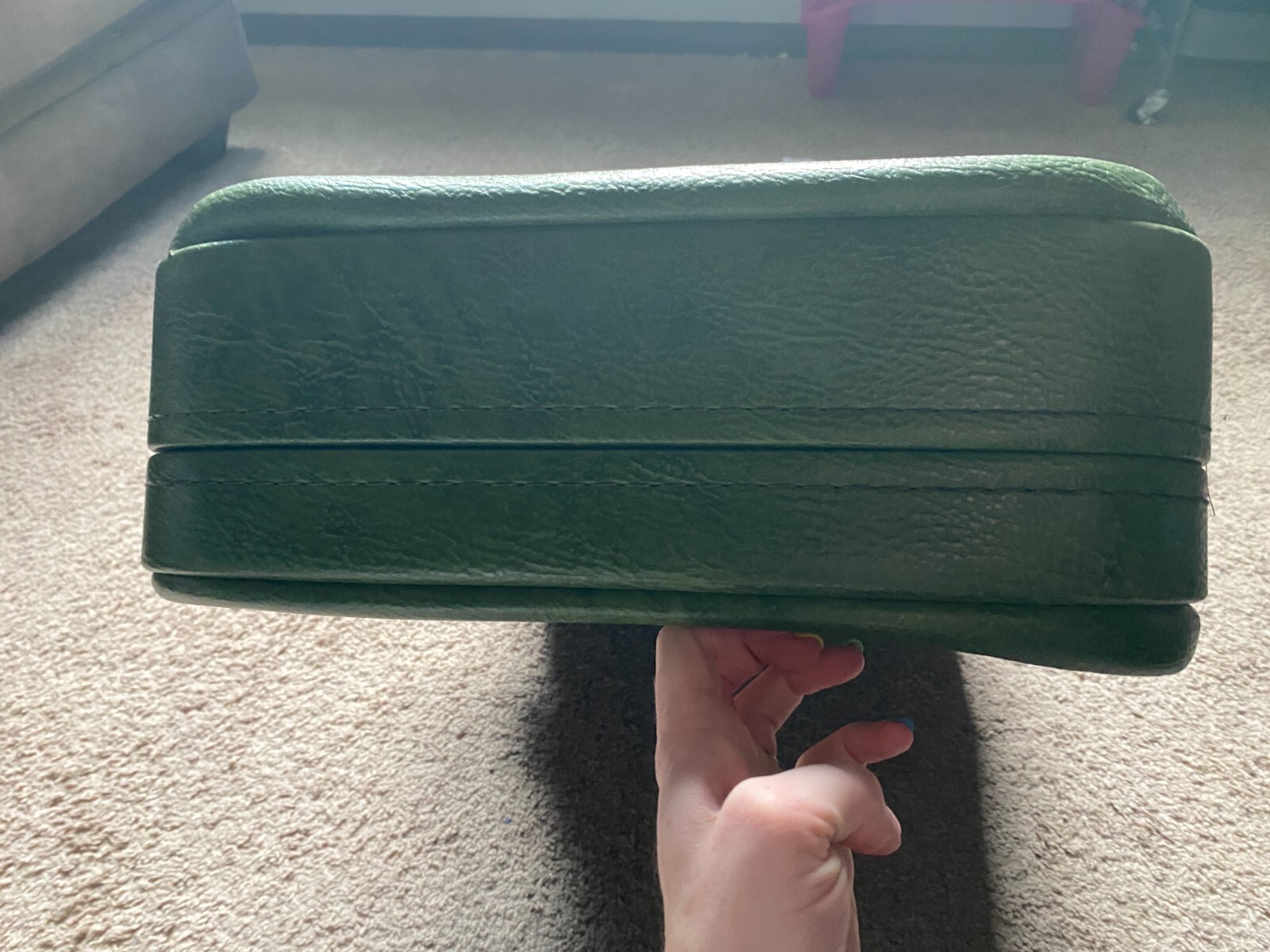 True 1970s Vintage Green Suitcase, Double Buckle, Fleur de lis Lining, Very Good