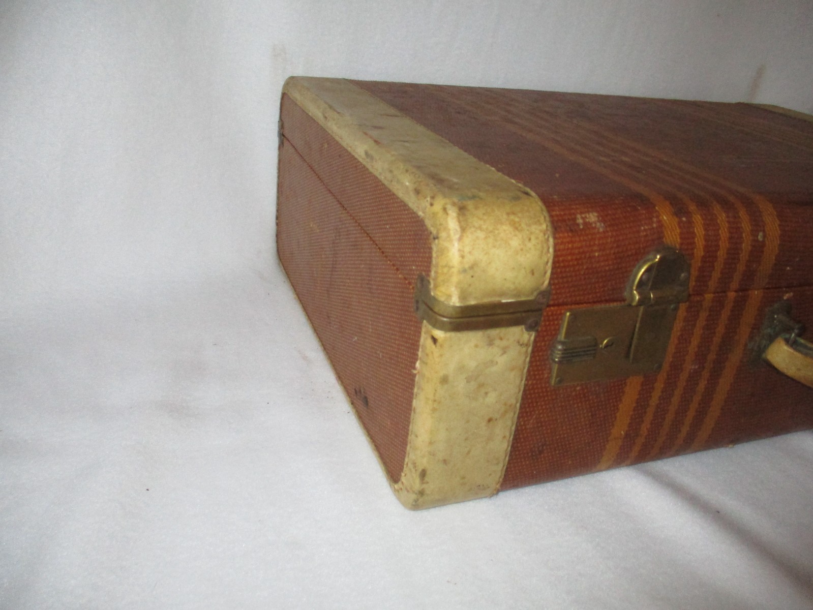 Brown/Yellow Tweed Double Stripe Vintage Leather Suitcase Luggage 21x14x7