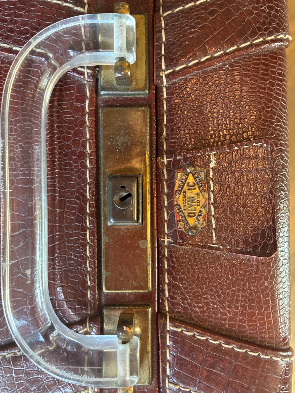 Vintage brown leather suitcase from Olympic Luggage Corporation-blue gingham int