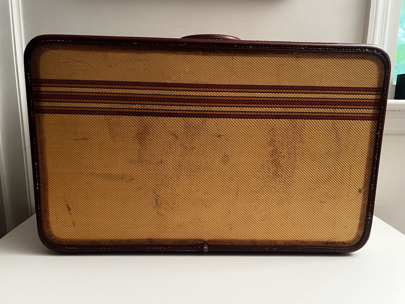 Vintage MCM Jet Age Leather Canvas & Brass Aero Pak Deluxe Modern Suitcase 26″