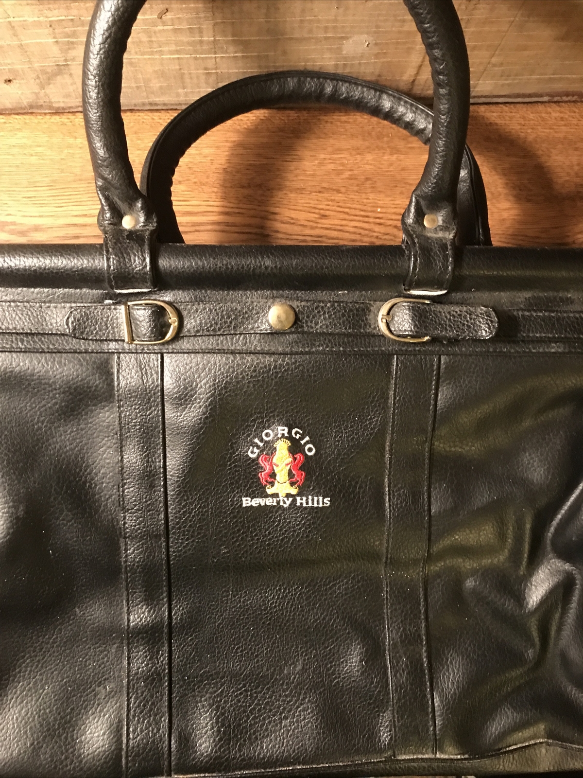 Vintage Giorgio Beverly Hills Black Large Travel Saddle Bag w/ Handles Leather