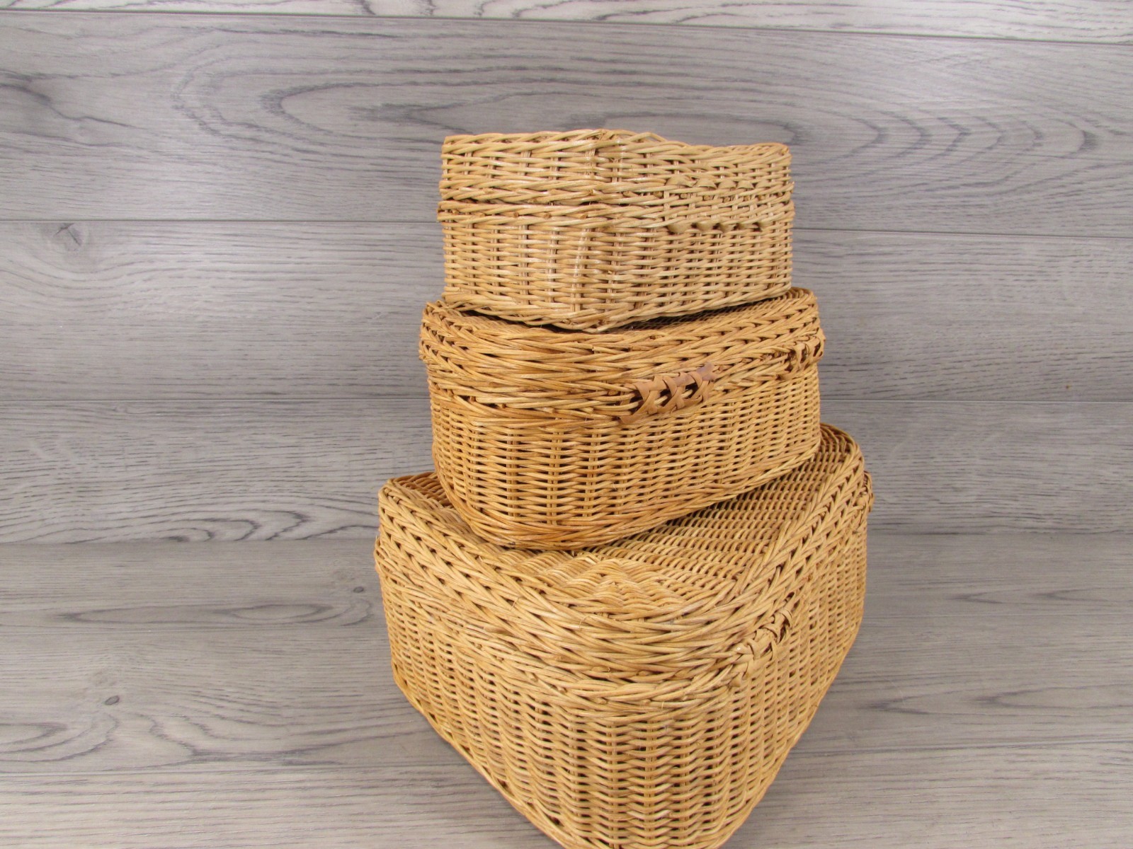 Vintage Woven Rattan Wicker Carrying Cases Suitcases Boho Chic Decor Set of 3