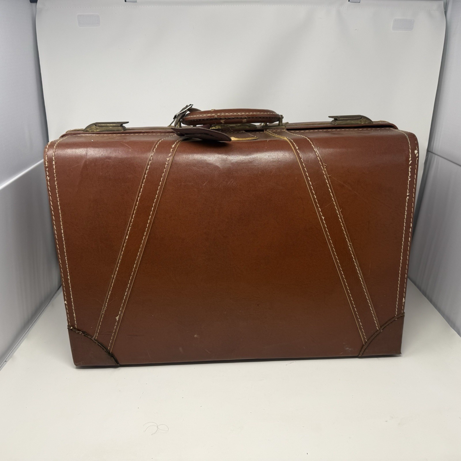 MCM Vtg Suitcase Brown Leather Brass Hardware Stitching 21X14x7 No Key