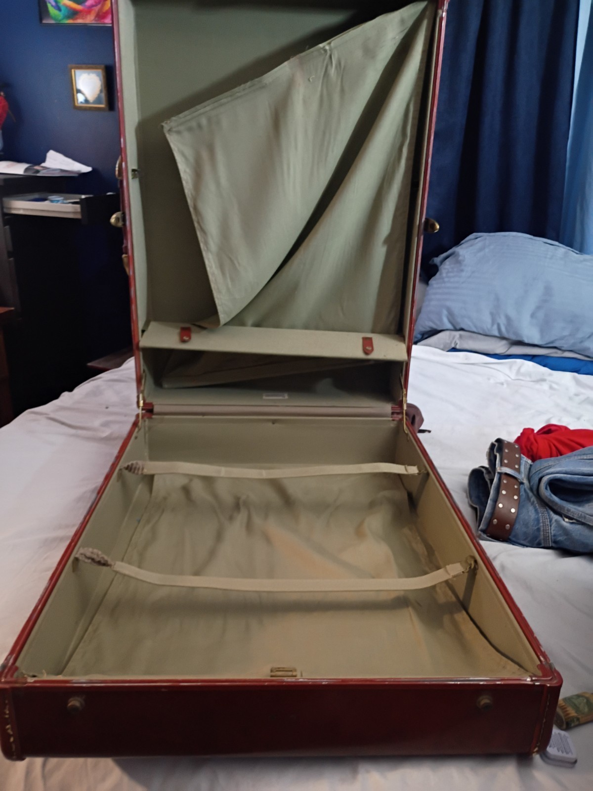 True Vintage Hard Leather Brown Suitcase with Tie-Down Straps and Brass Hardware
