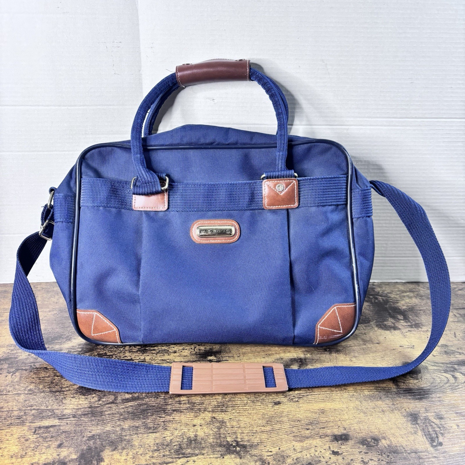 Jaguar Travel Bag Overnight Weekender Classic Navy Blue with Brown Leather VTG