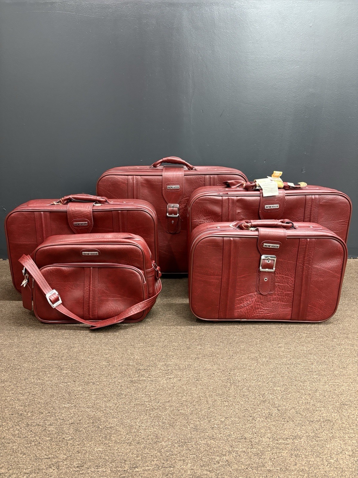 Vintage New Vista 5 Piece Luggage Set Burgundy Faux Leather Suitcase Travel Bags