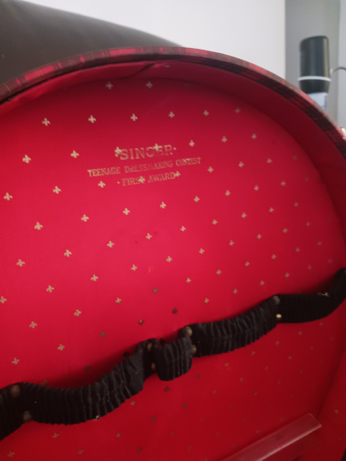 RARE Vintage Plaid Hat Box Train Case Luggage SINGER First Award Tartan