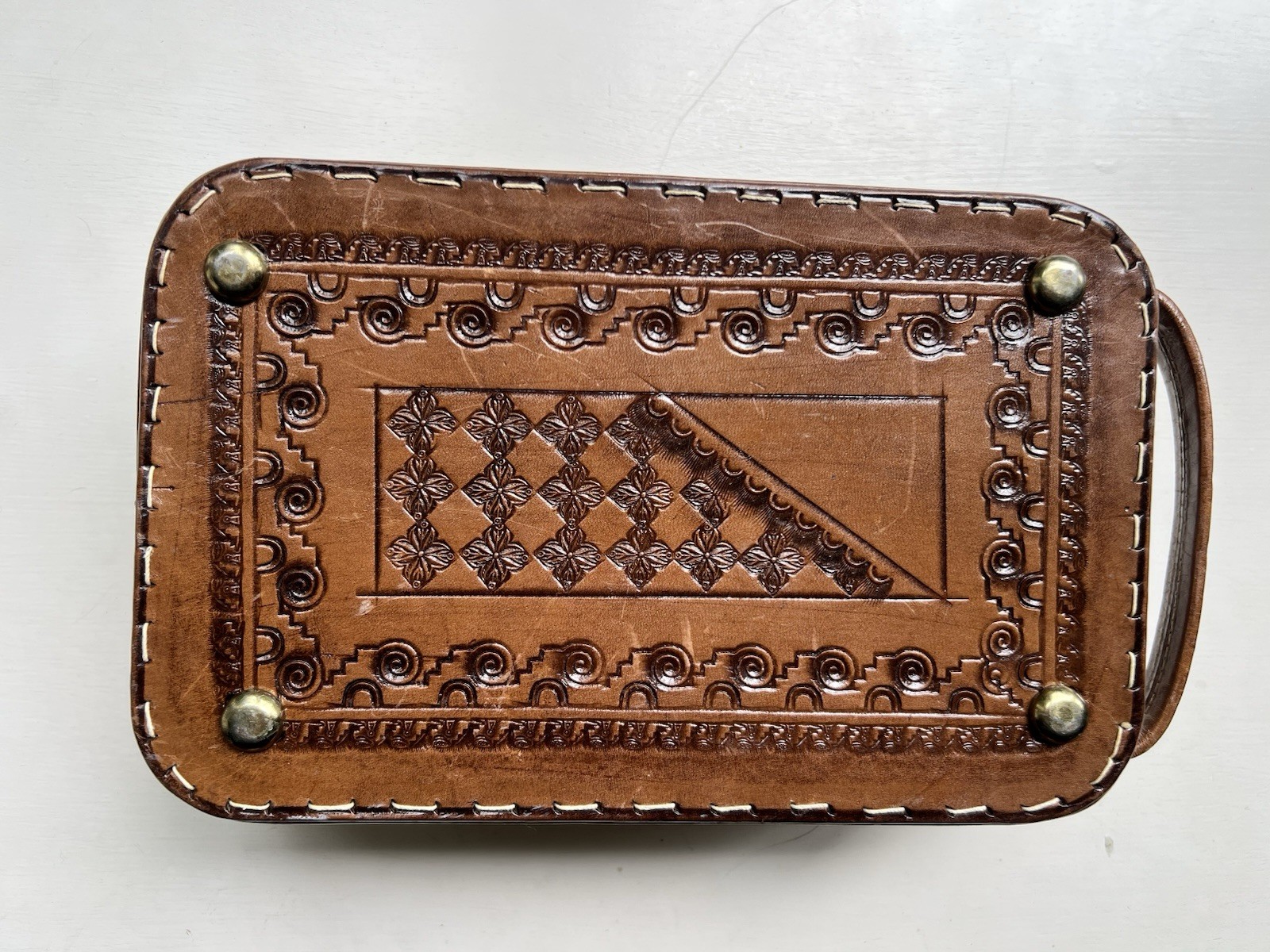 Antique Vintage 1930s Tooled Leather Toiletry Bag Great Condition Tiki Men Box