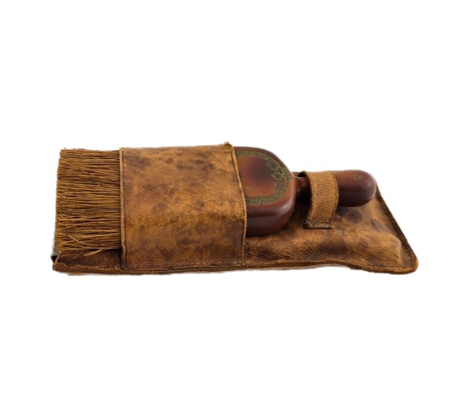 Vintage Mens Travel Kit Handheld Horsehair Brush Folding Hanger Leather Cover