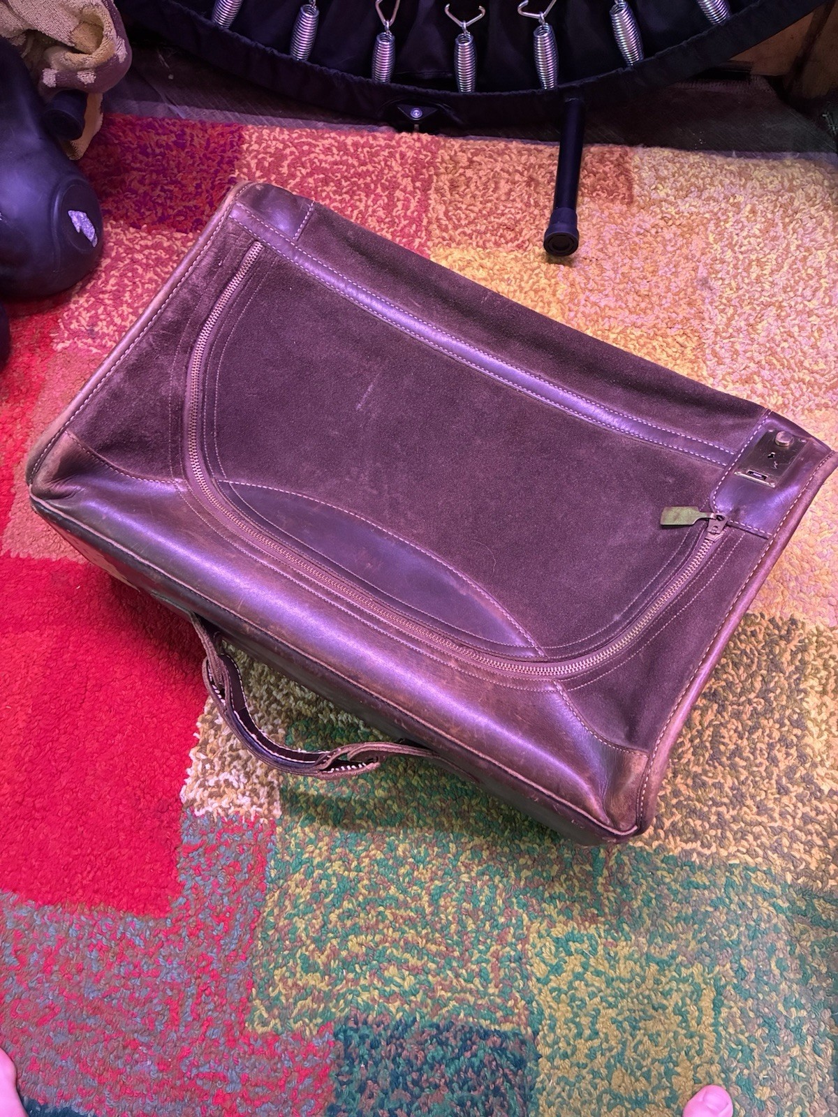 Vintage Brown Leather And Suede Soft Sided Suitcase Brass Hardware