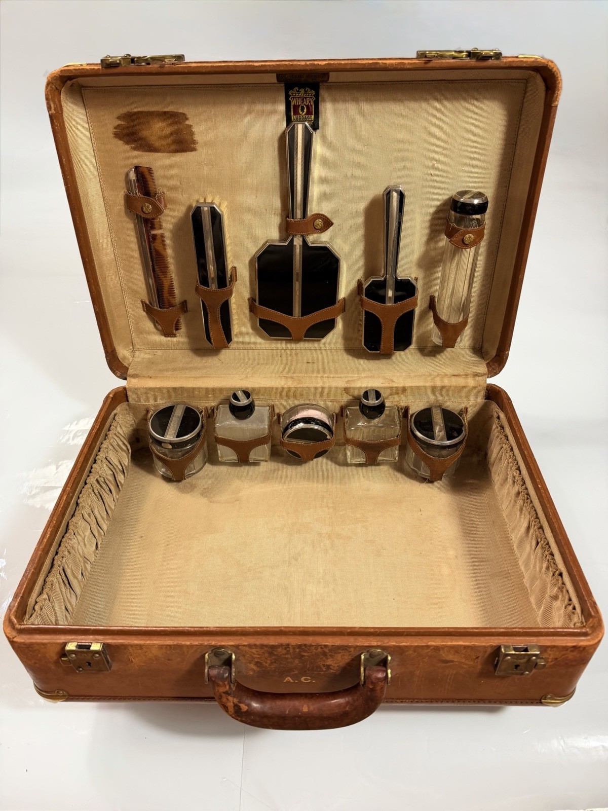 Antique 1930s Wheary Leather Vanity Case – Complete Fitted Dressing Set w/ Key