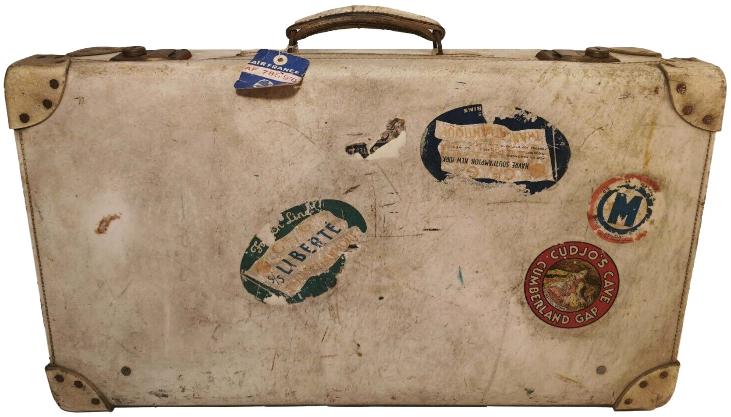 SCARCE 1920’S/30’S ANTIQUE HAND SEWN WHT LEATHER HARD SUITCASE W/TRAVEL STICKERS
