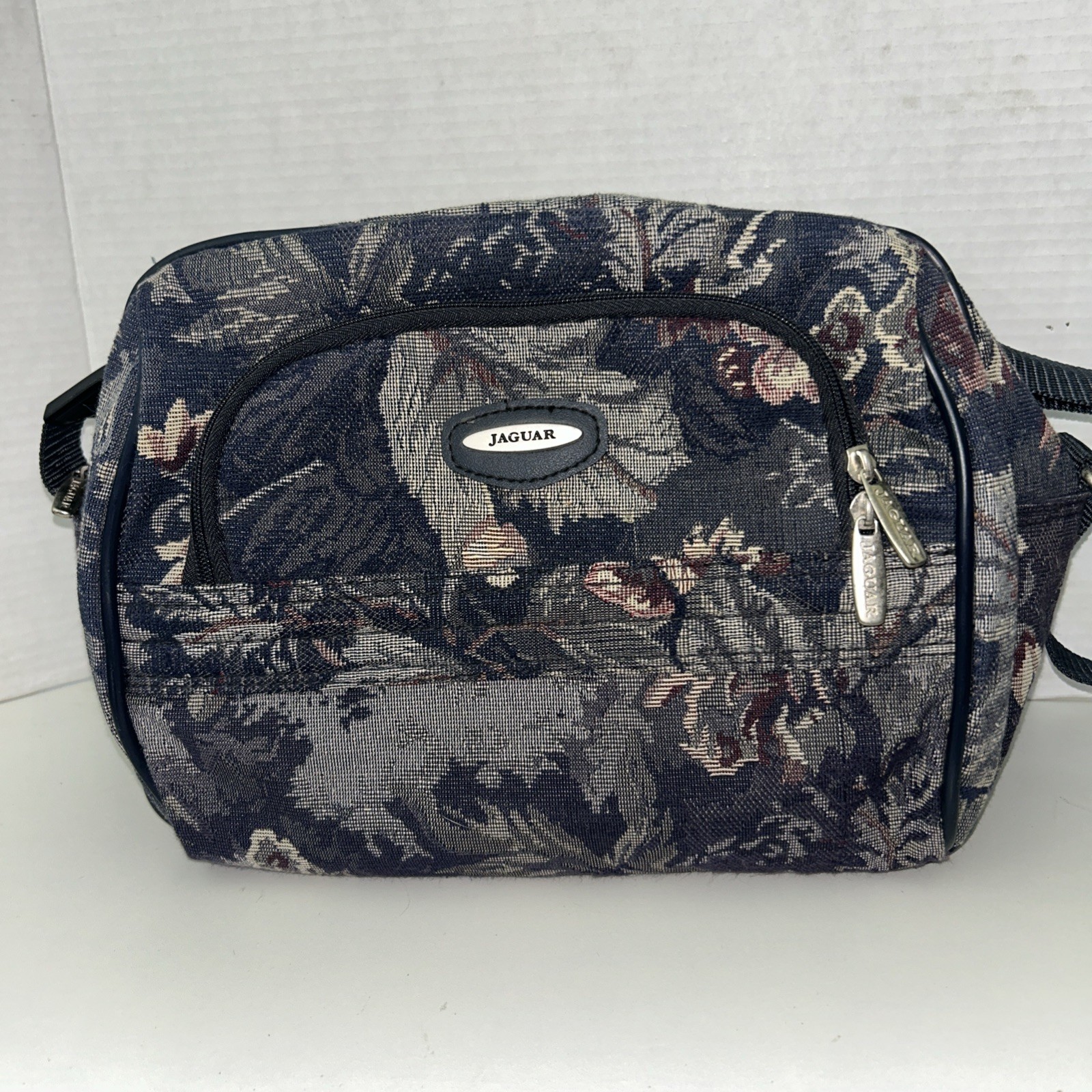 Vintage Jaguar Tapestry Floral Carry On Luggage Shoulder Travel Bag Purse Blue