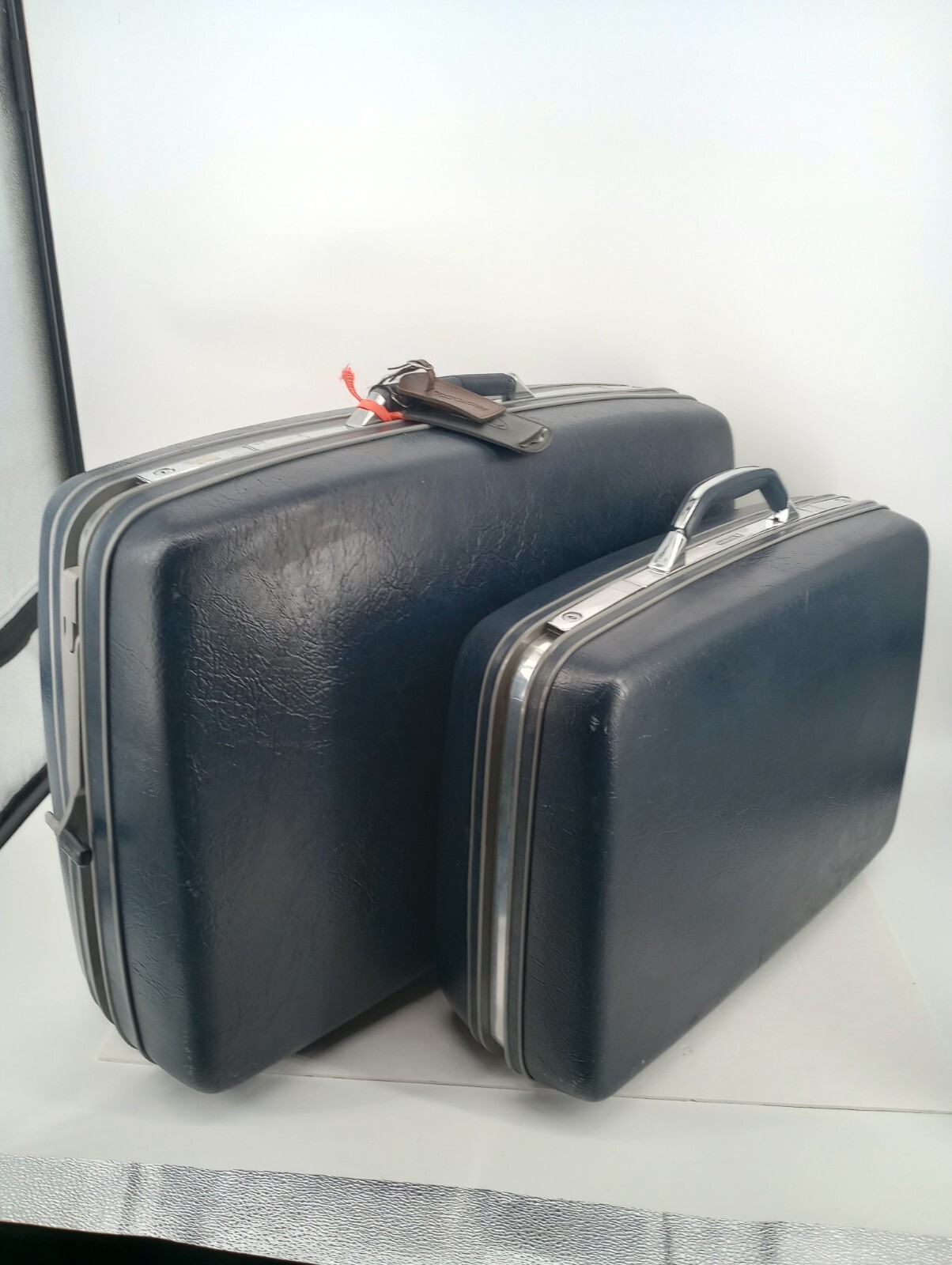 2 Vintage Samsonite Profile II Navy Blue Luggage Hard Shell Suitcases Lrg/Small