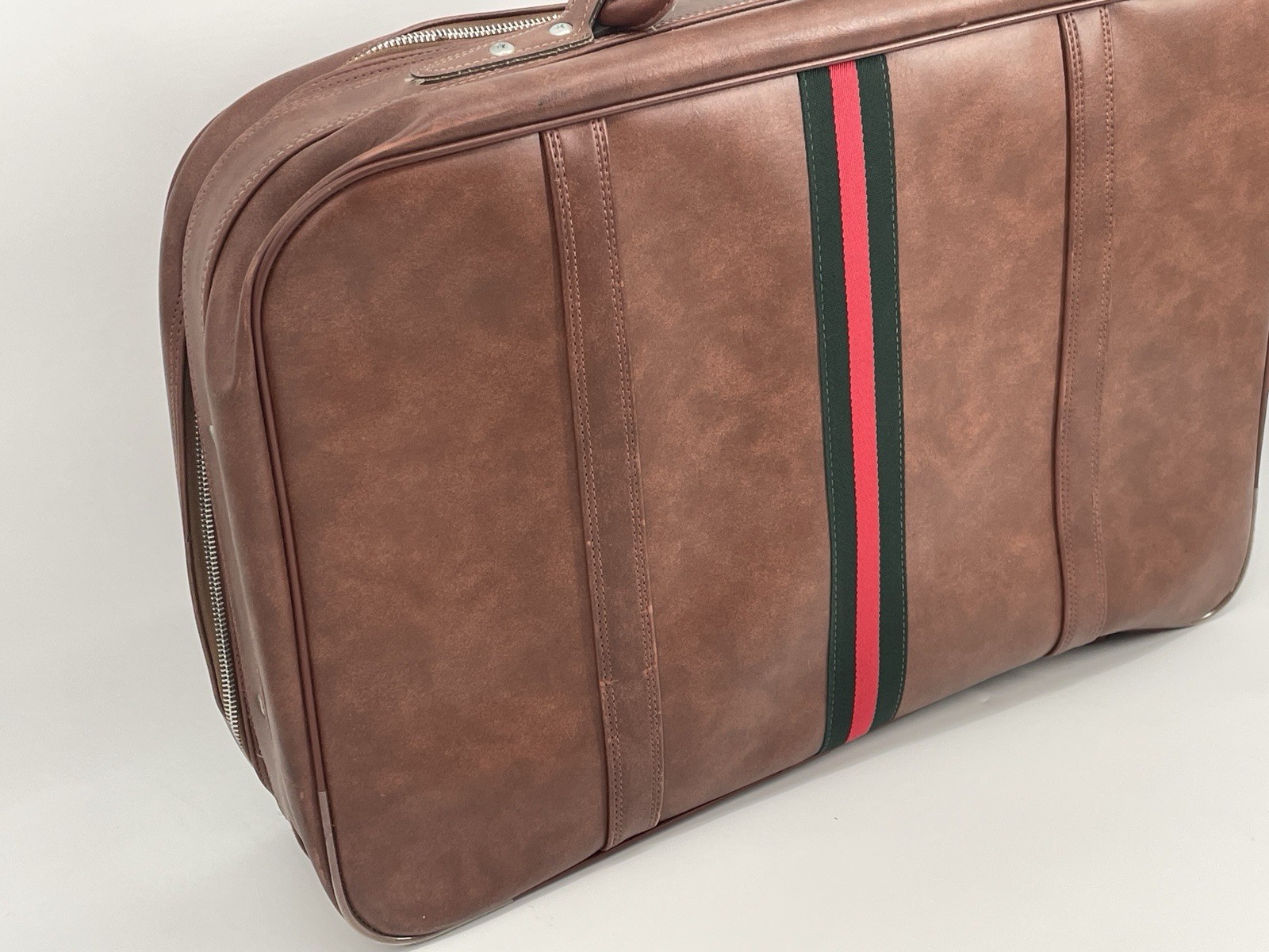 Vintage Faux Leather Carry-On Suitcase Brown Green Red Stripe Retro Korea