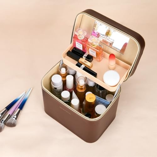 Luxury brown makeup box, Portable leather hard cosmetic case with mirror, Brown