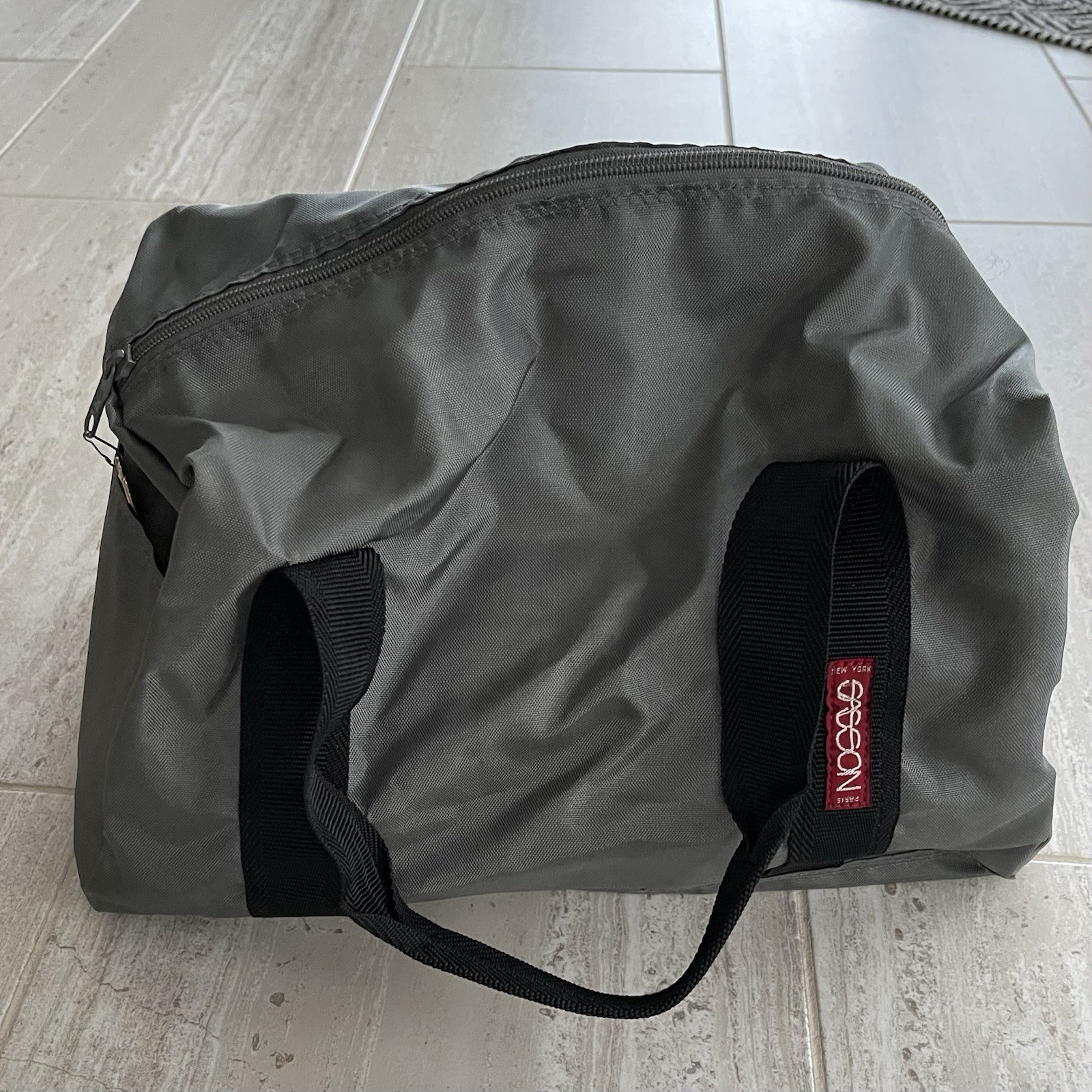 Vintage 80s Sasson Paris New York Gray Nylon Travel Small Duffel Bag Carry On