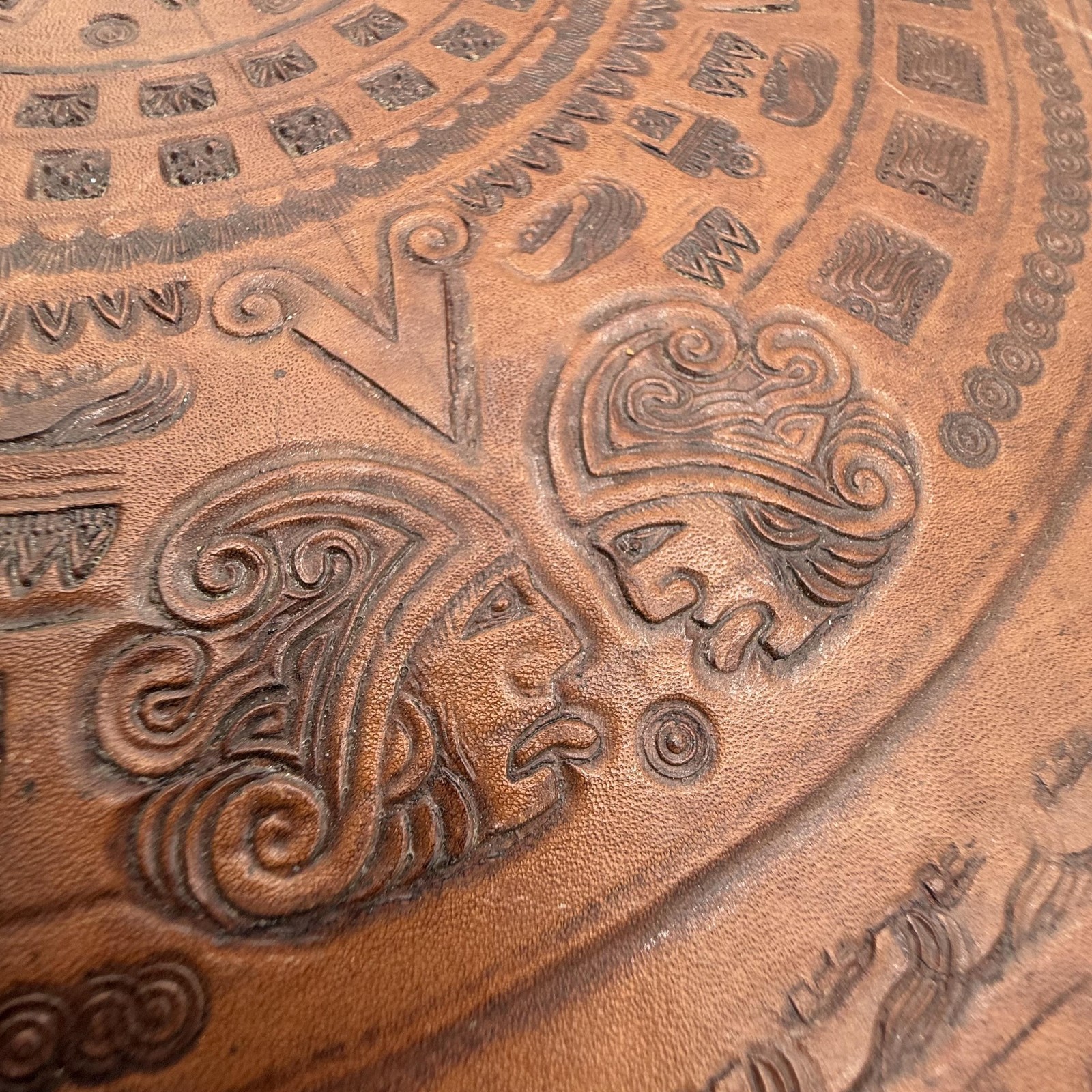 Vintage Tooled Leather Briefcase Aztec Calendar Design Large 18 Inch Suitcase