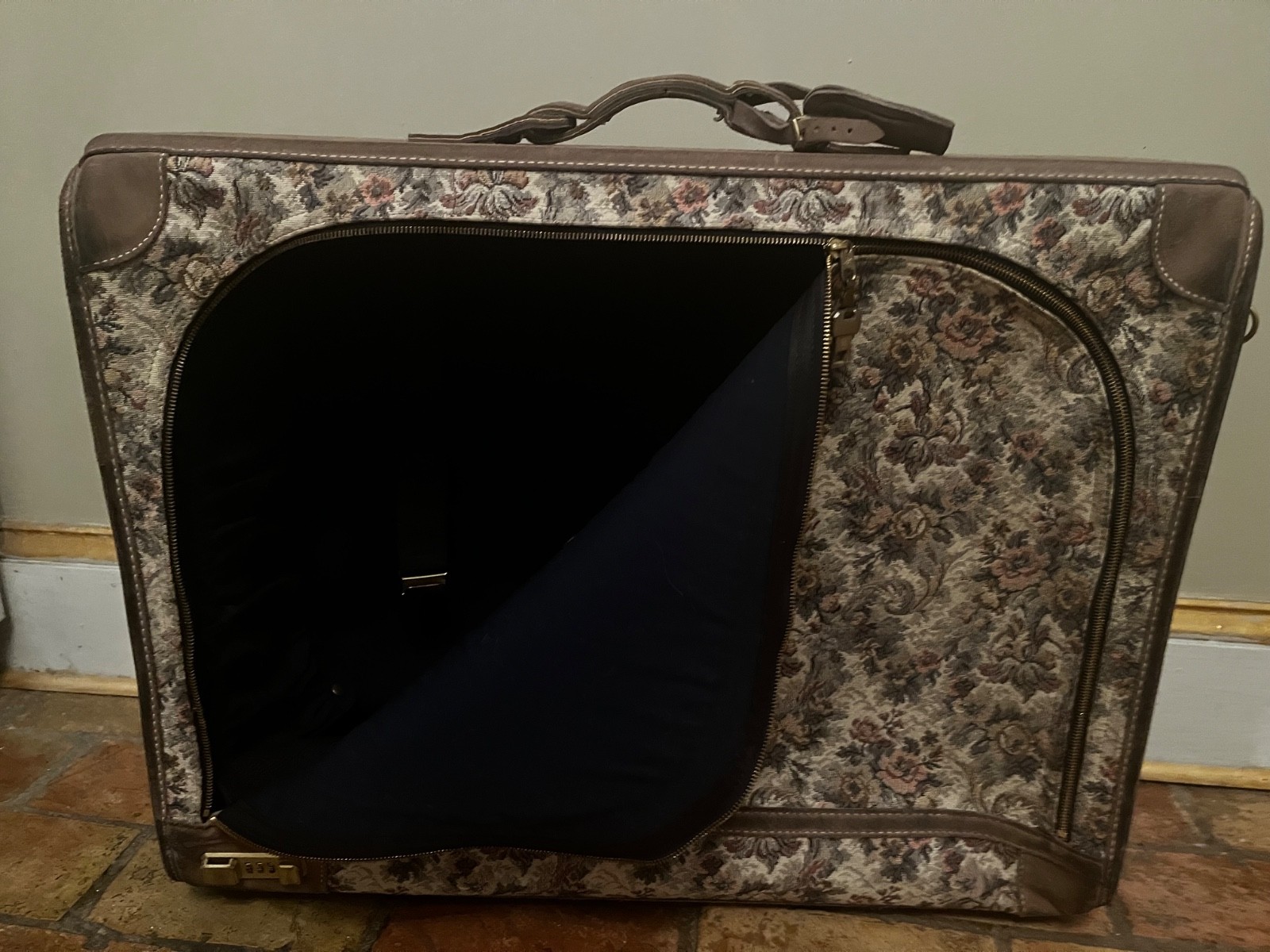 1980s Vintage French Luggage Co. “Grey Rose” 2 piece tapestry Suede Set