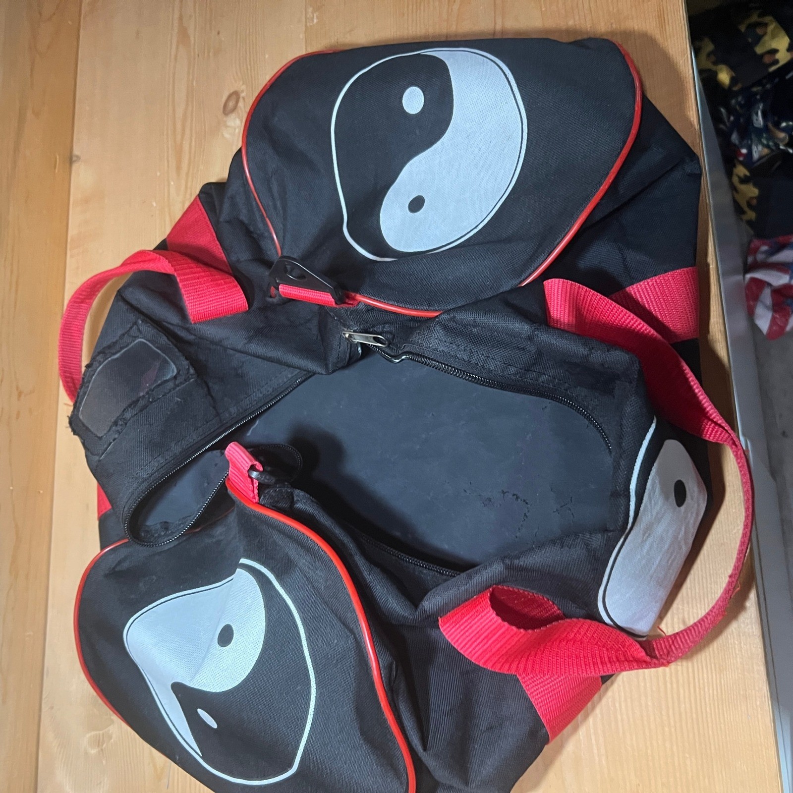 VTG 90s Yin Yang Duffel Bag Black Red Grunge Gym Carry-On Graphic Canvas Travel
