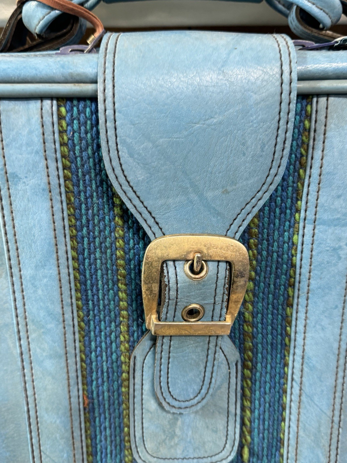 VTG 70s Blue Marbled Suitcase Retro PVC Vinyl Luggage Strap Buckle Taiwan Scuffs