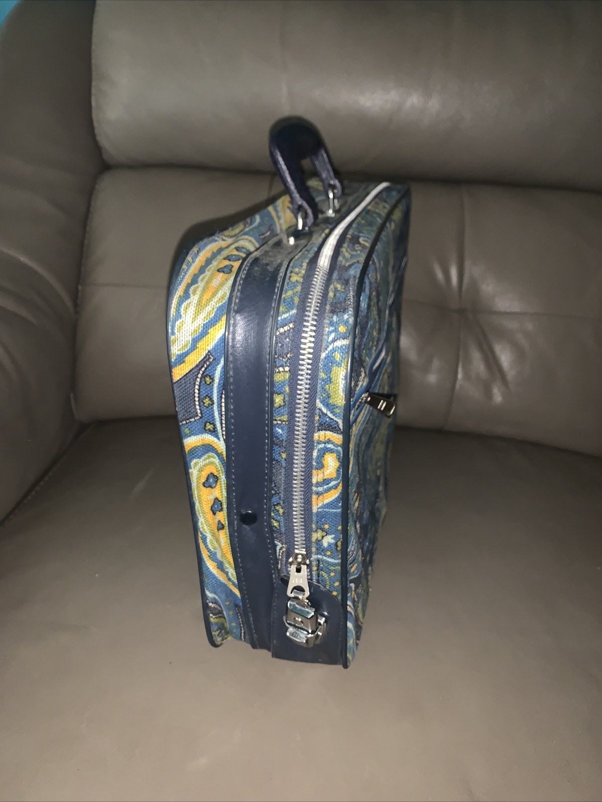 Vintage 1970s Blue & Yellow Starry Nightish Carry-on Suitcase 15x10x4″