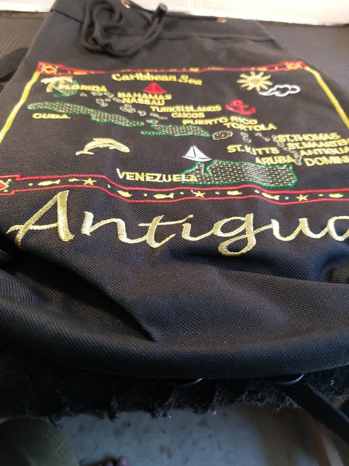 Enbroidered Antigua Bucket Backpack Tourist Bag with Straps Drawstring Closure