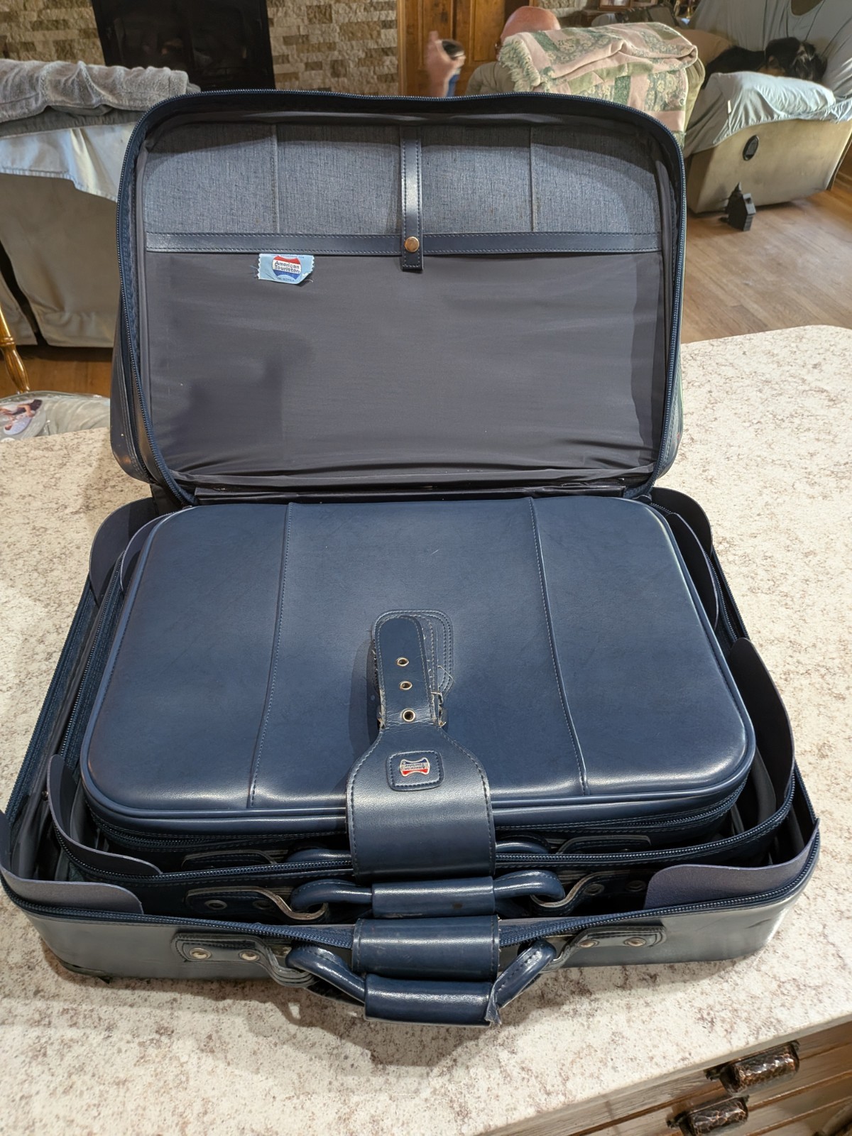 American Tourister Vintage 1970s Navy Blue Soft-Sided Vinyl Suitcase Set