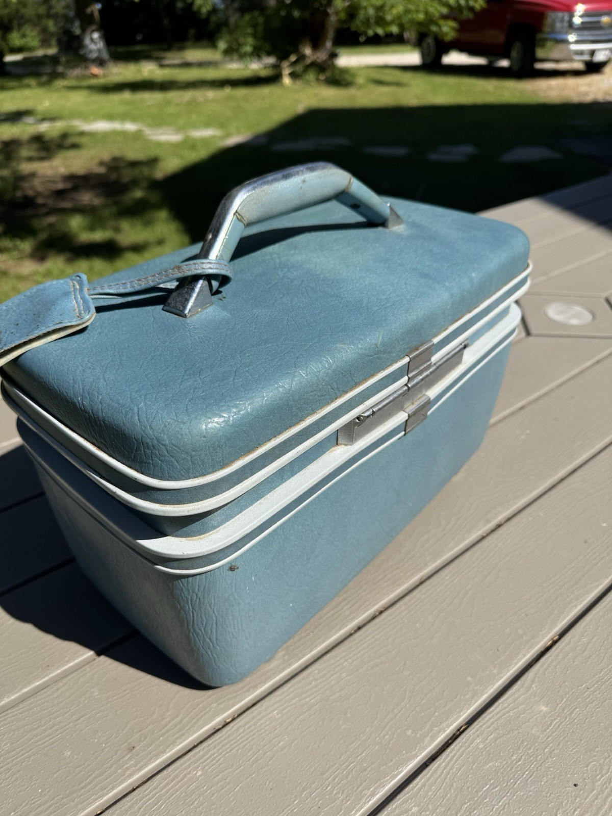 Vintage Blue Samsonite Train Case Makeup Vanity Luggage Mirror Carry On Bag