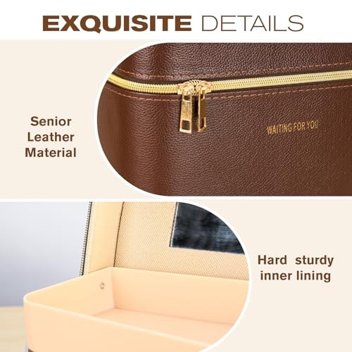 Luxury brown makeup box, Portable leather hard cosmetic case with mirror, Brown
