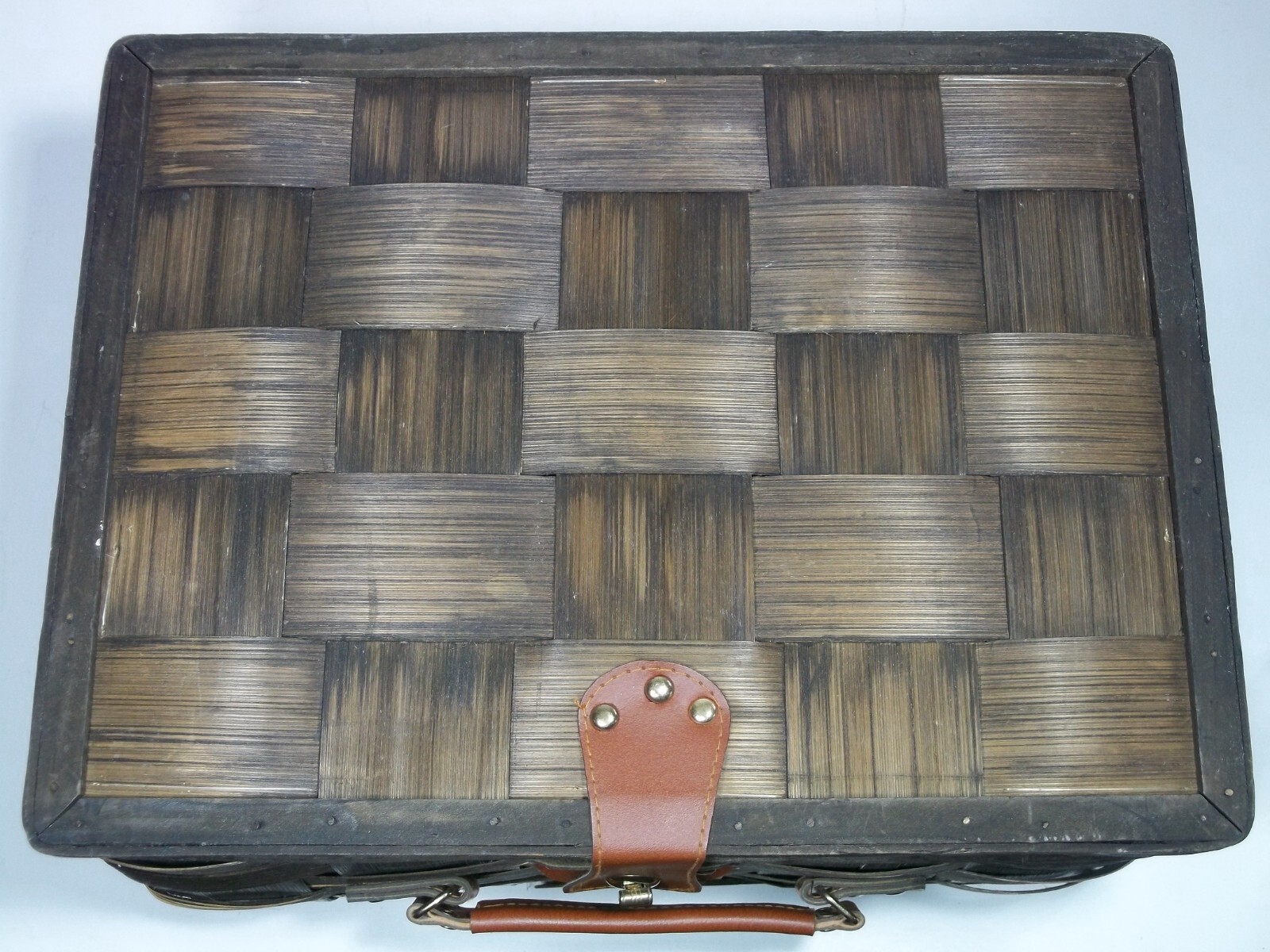 Wide Split Bamboo Suitcase Overnight Bag Carry On Leather Handle & Closure Strap