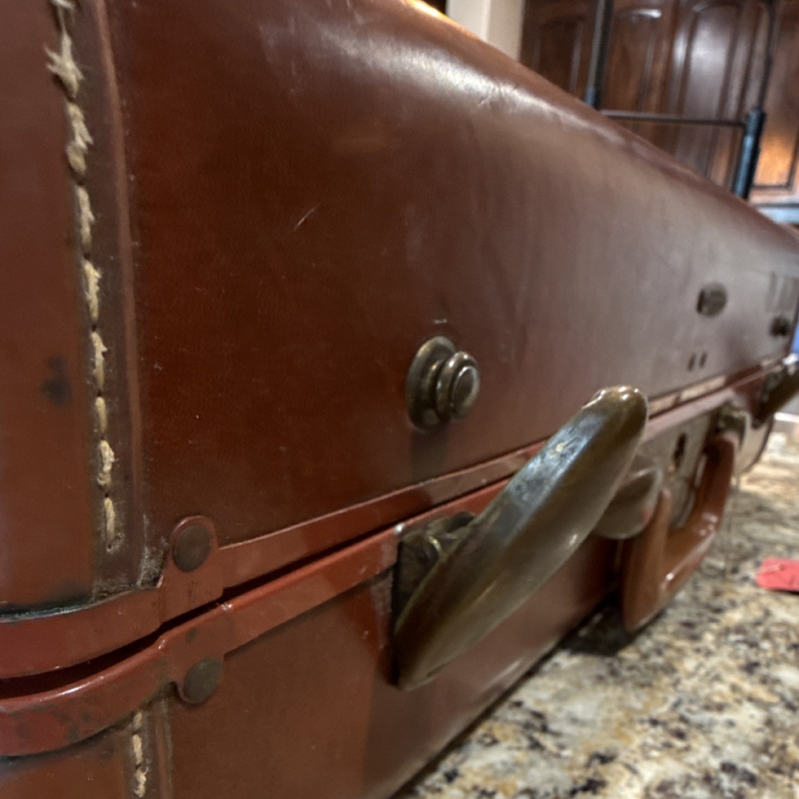 Samsonite Vintage Brown Leather Hard Shell Suitcase w/ AA Valet Tag