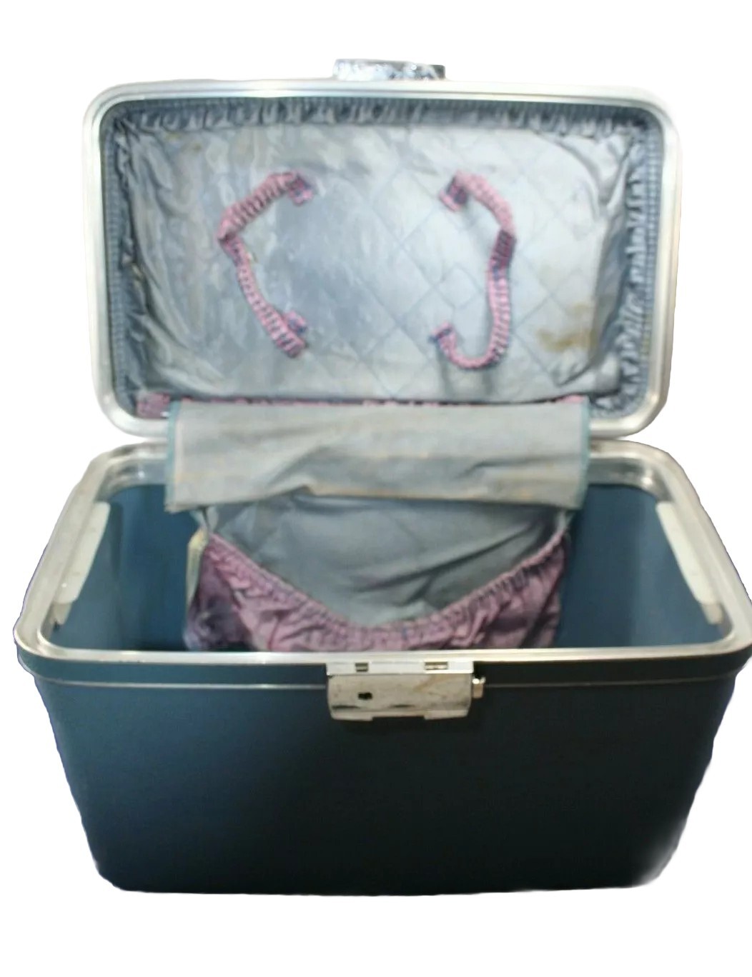 Vintage 1960’s Train Case Overnight Cosmetic Makeup Hard Shell Blue