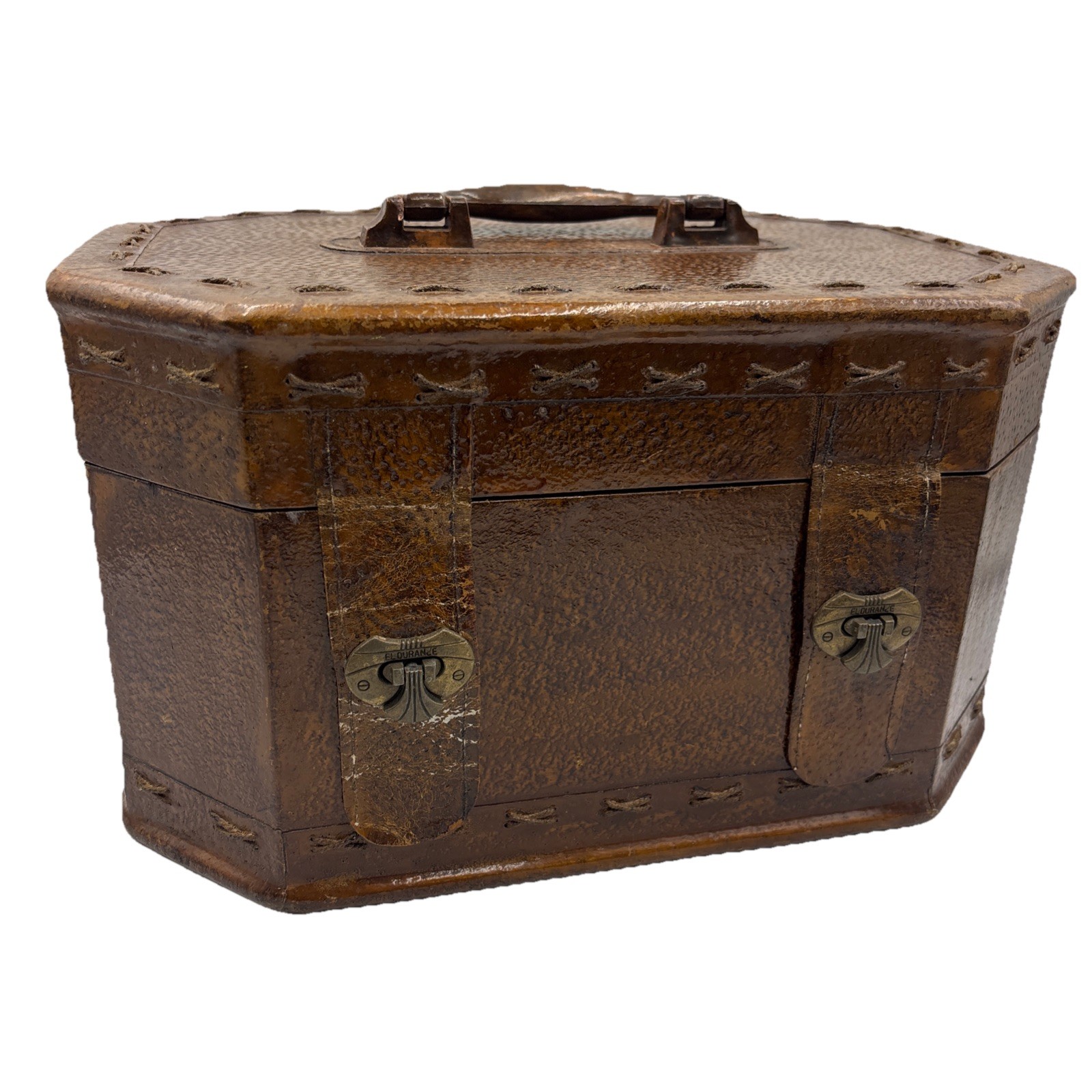 Vtg El Durance Leather Vanity Box Octagon Travel Case Makeup Jewelry Trunk Top