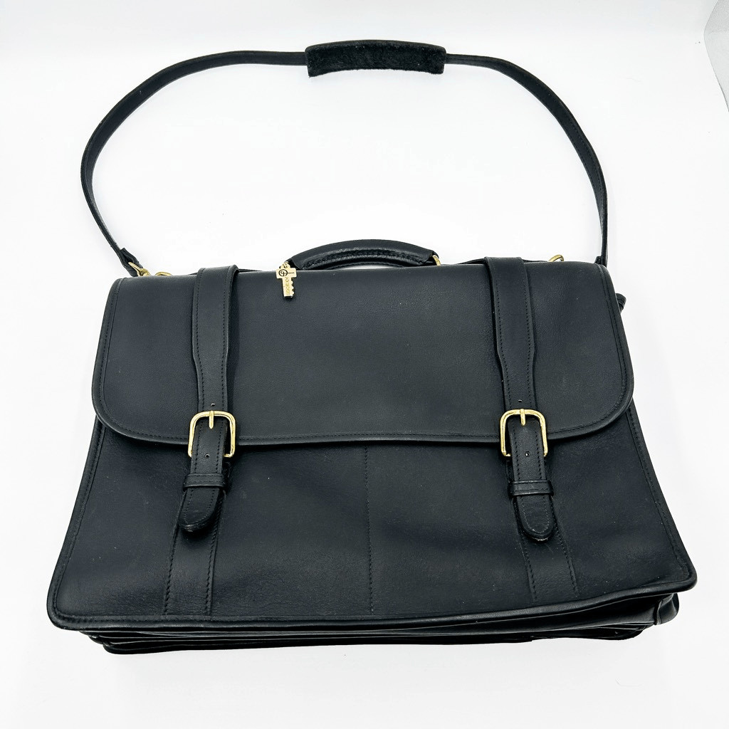 Jack Georges Black Leather Brass Vintage Briefcase Satchel Messenger Bag