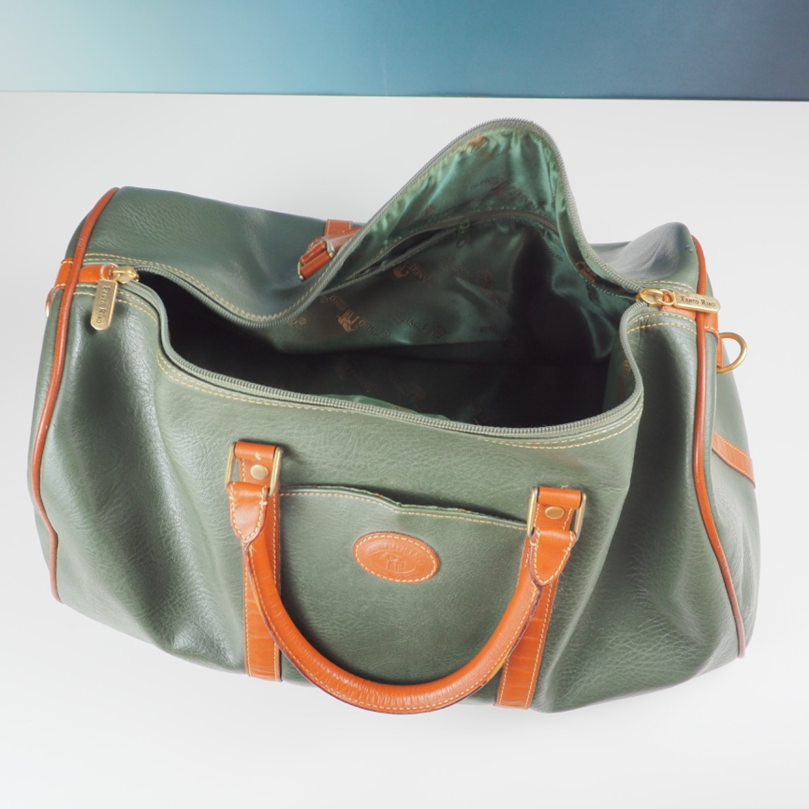 Vintage Franco Rino Green Faux Leather Boston Bag Travel Luggage Retro 80s