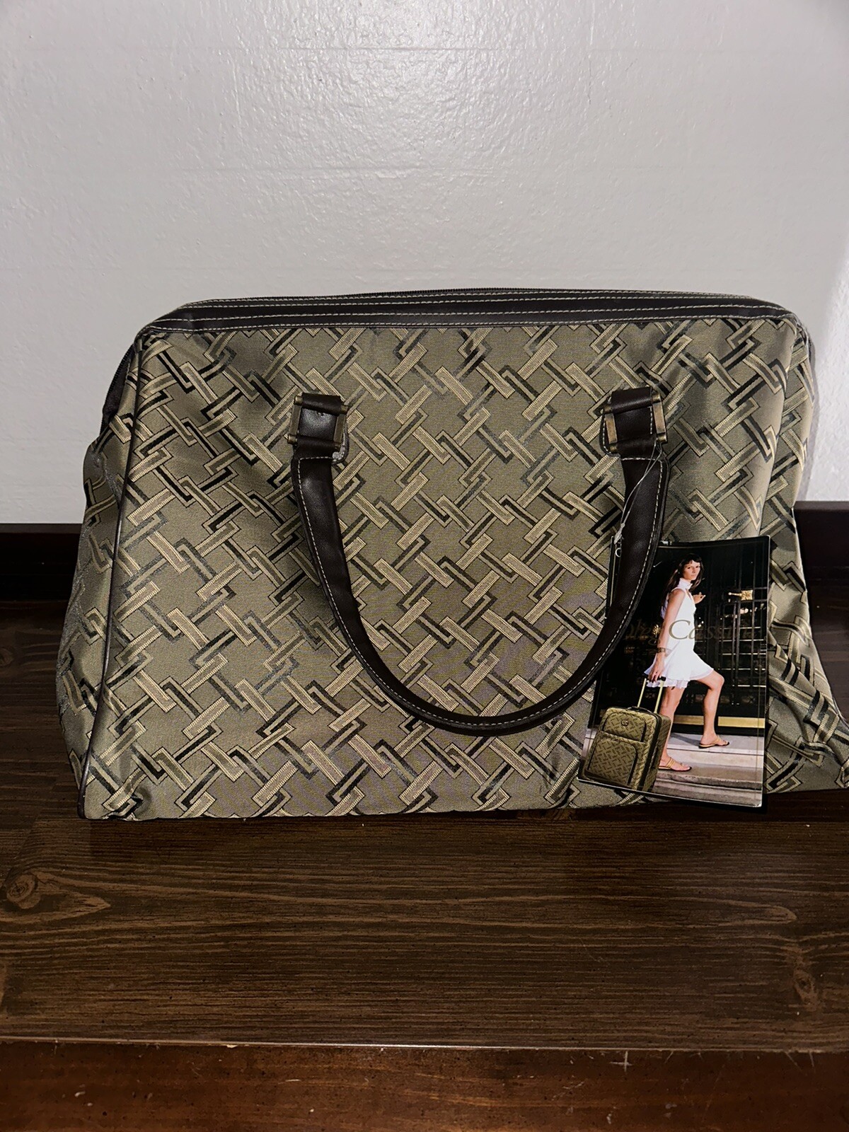 Vintage OLEG CASSINI Travel Bag Tote Navy Gray Gold Vinyl Leather Handles Trim