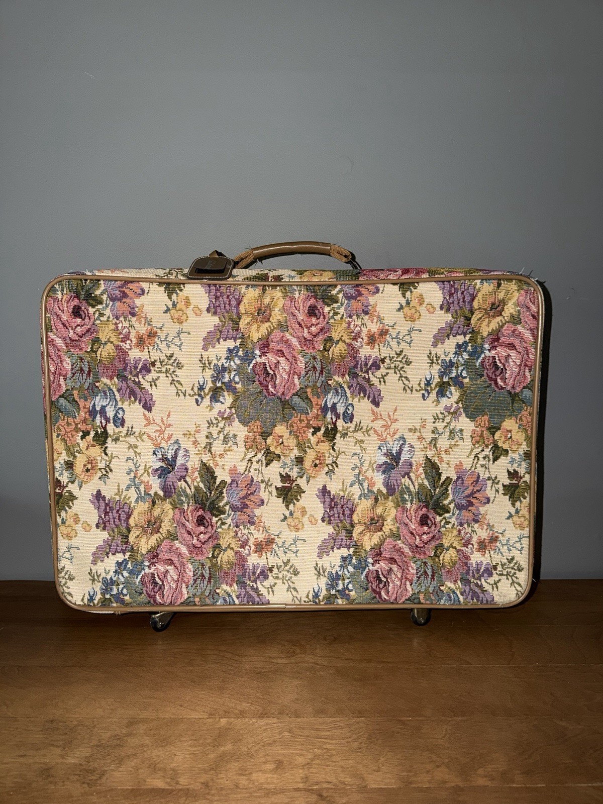 Vintage 80’s Leisure Luggage Suitcase – Floral Tapestry W/tan Leather Trim 21.5″