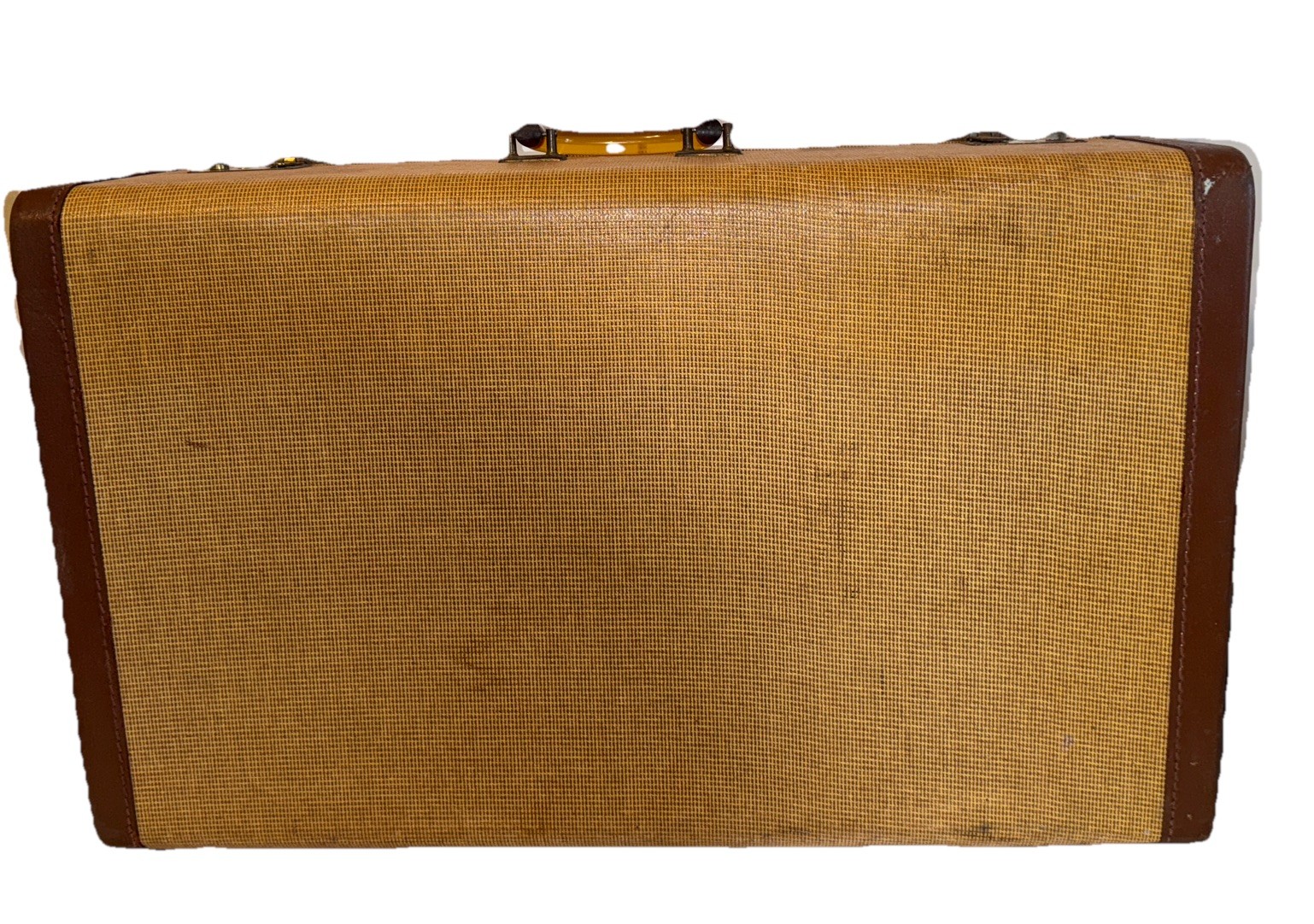 Vntg 1940’s-1950’s-Tweed Suitcase Tan With Brown Leather Trim-Bakelite Handle