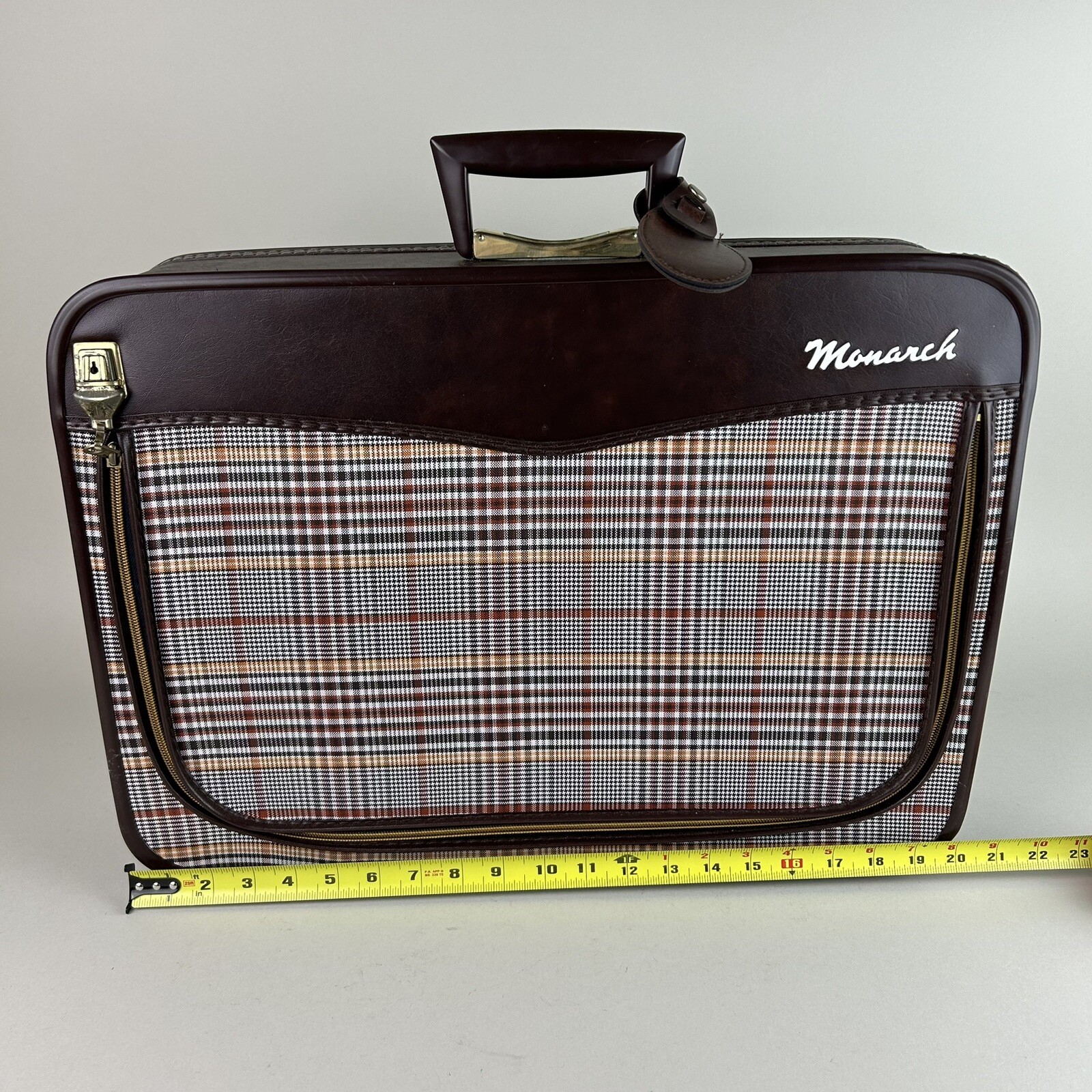 RARE Vintage Monarch Suitcase WITH KEY Faux Leather Brown Plaid Design Zipper