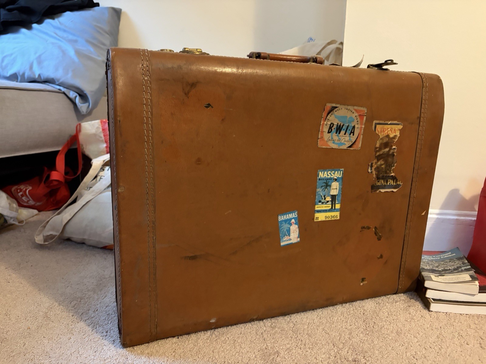 Vintage Tan Leather Hard Luggage 23 x 17 x 5 w/ Stickers Damage Rust 1950’s