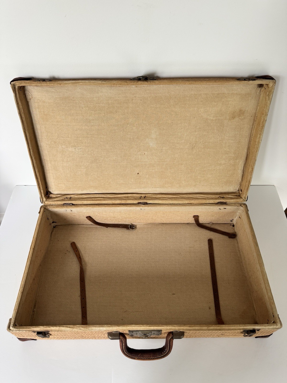 rare antique 19th century handmade woven wicker leather brass travel suitcase