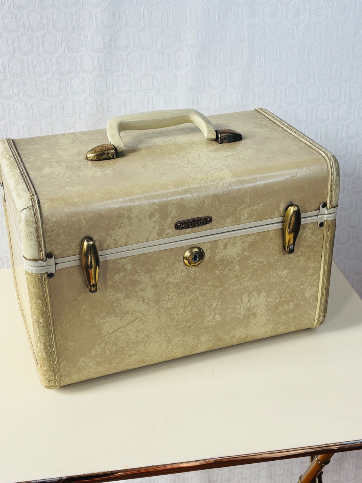 VTG SAMSONITE NATURAL RAWHIDE MARBLE HARD VANITY SUITCASE TRAIN CASE MAKE-UP BAG