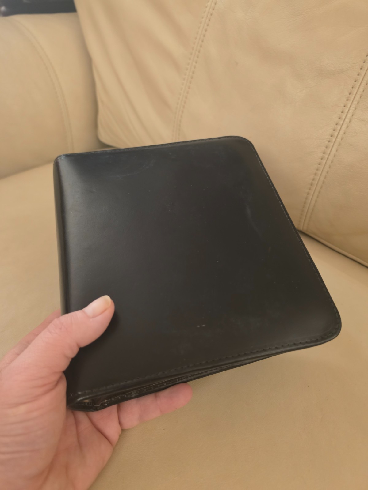 Vintage Mid Century Travel Size Toiletries Zippered Case Black Leather 8″ x 7″