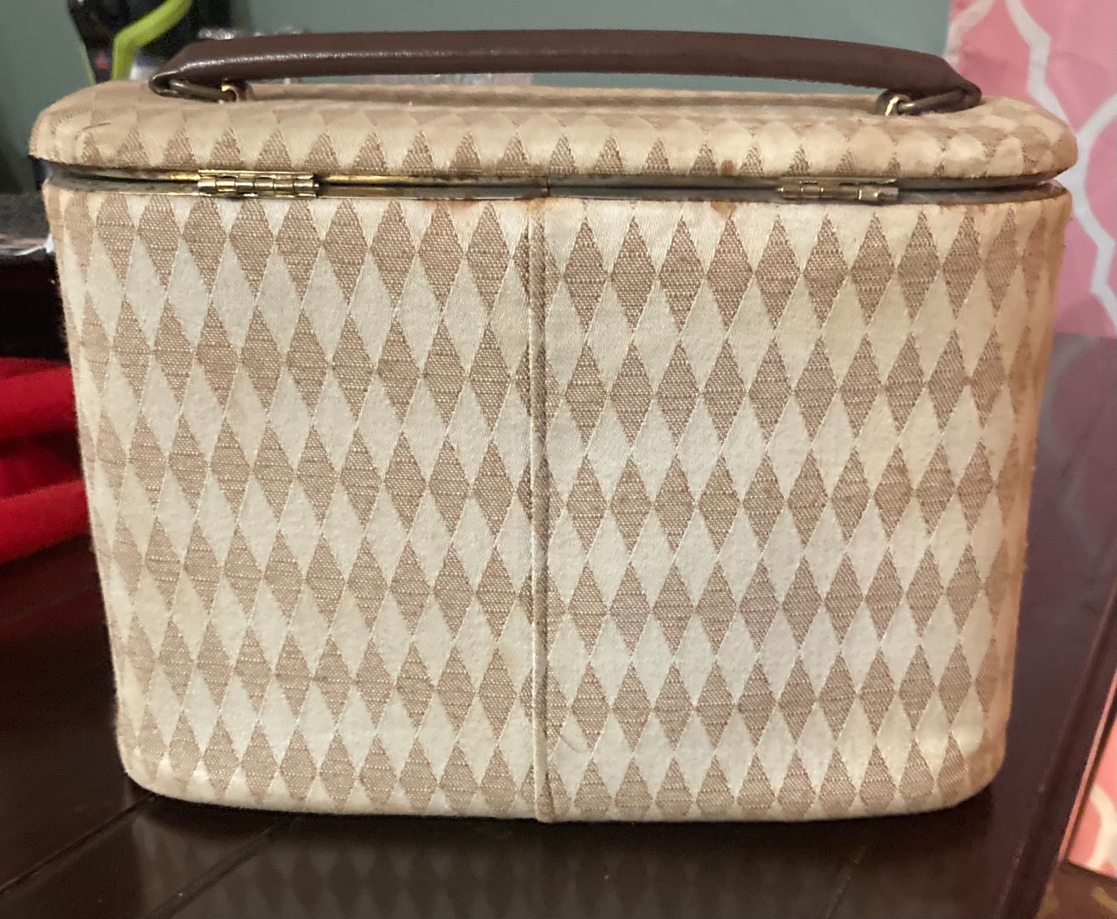 Neiman Marcus 60’s Monogram Vanity Train Case Top Handle with brass turn latch