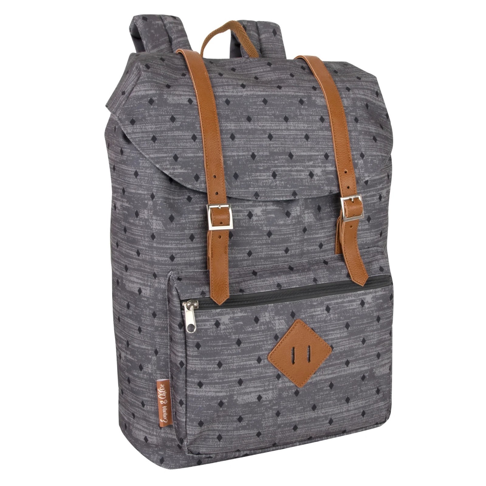 Gray Geometric Backpack Faux Leather Strap Casual Travel Bag