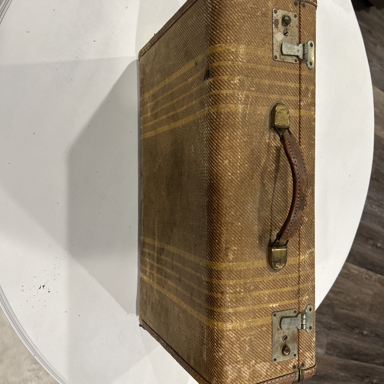 Vintage 1940’s Tweed Case Travel Trunk Suitcase Luggage Train Case Décor Striped